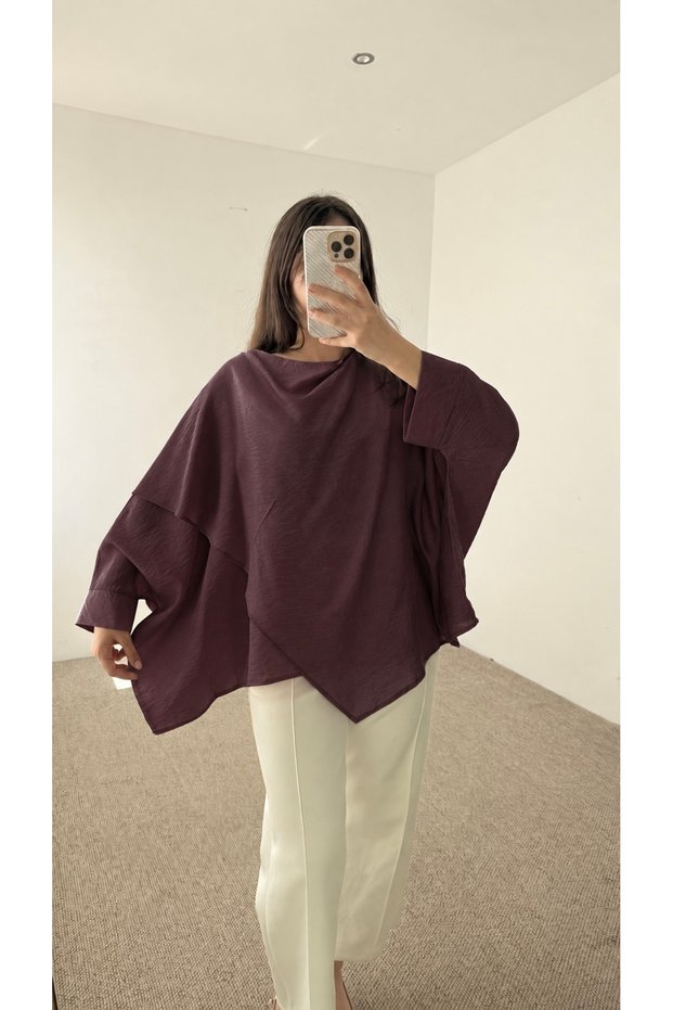 Asymmetrical Cut Blouse with Shawl Detail - Pck - 6189 - Bitter Brown