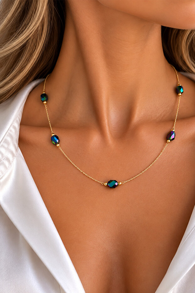 Colorful Sparkling Geometric Crystal Stone Minimal Chain Necklace (40cm)