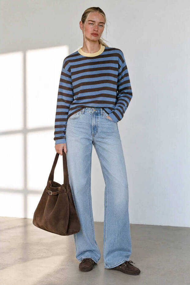 Blue Brown Yellow Crew Neck Knit Sweater
