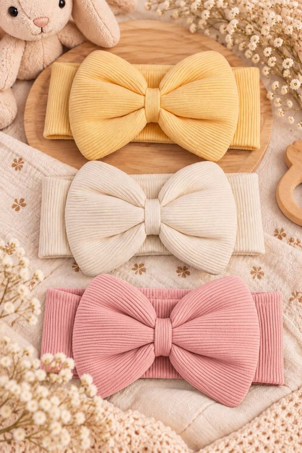 Baby Girl & Child Bowknot Double Layer Bandana Set of 3 (Yellow/Cream/Dry Rose)