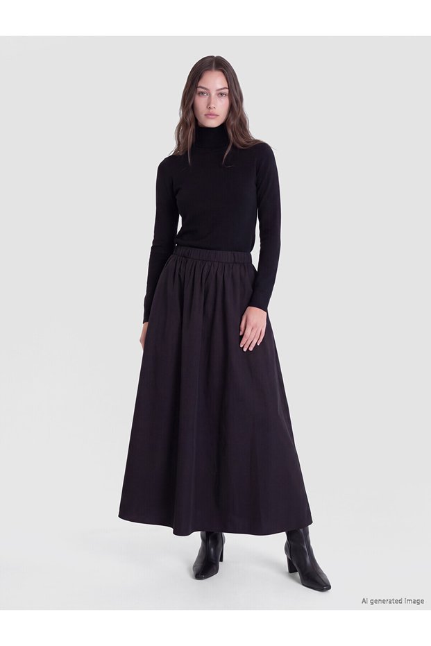 Alita City Lcw Modest Black Poplin Plain Midi Women's Skirt with a Difference