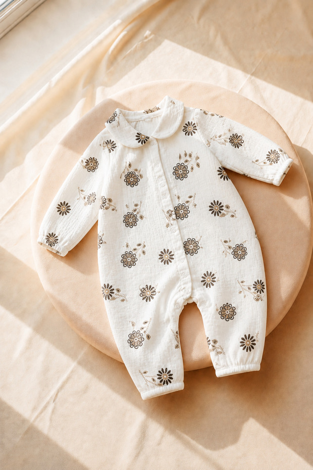 Gots Certified 100% Cotton Muslin Floral Patterned Natural Breathable Baby Girl Romper