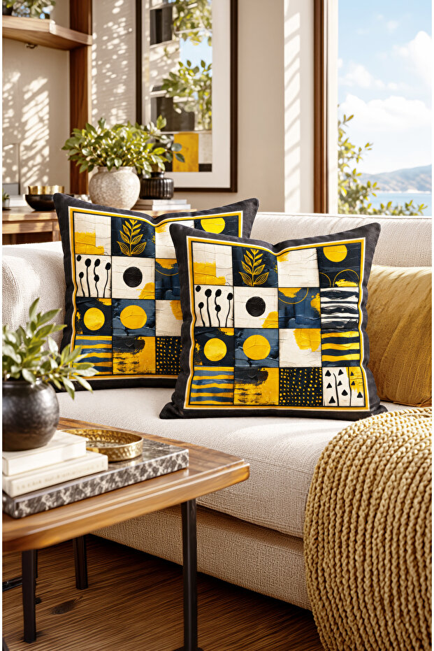 Digital Printed Throw Pillow Cover. Luxury Abstract Yellow Patterned Double-Sided Hidden Zipper Suede 43X43Cm Set of 2