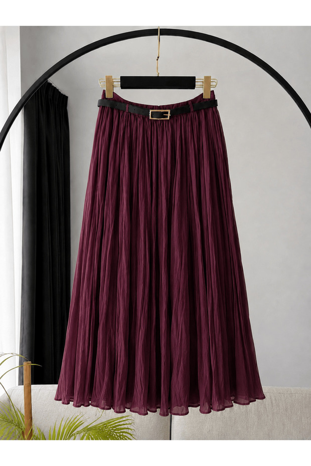 Belted Crinkled Skirt - Sg -1473 - Cherry Rotten