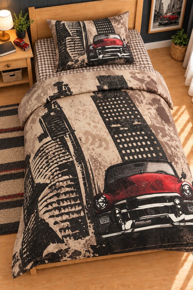 Flat Sheet Duvet Cover Set for Single Bed Classic Car (Special Design)