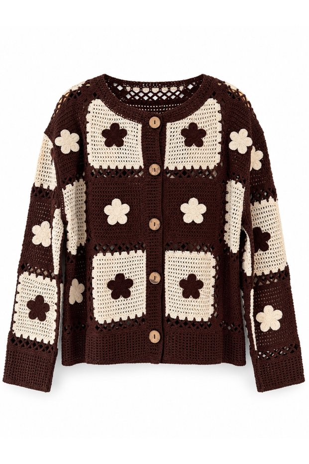 Lottie Floral Motif Buttoned Crochet Cardigan Women's Brown