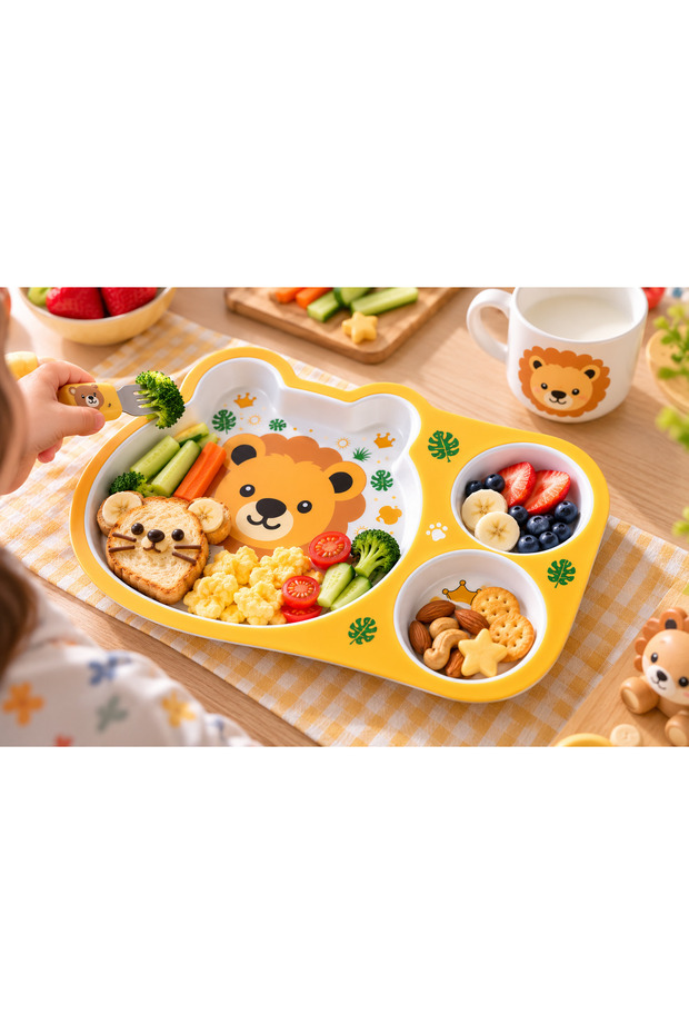 28.5 cm Animal Patterned 3-Compartment Children's Food Plate – Breakfast, Meal, and Snack Serving Plate