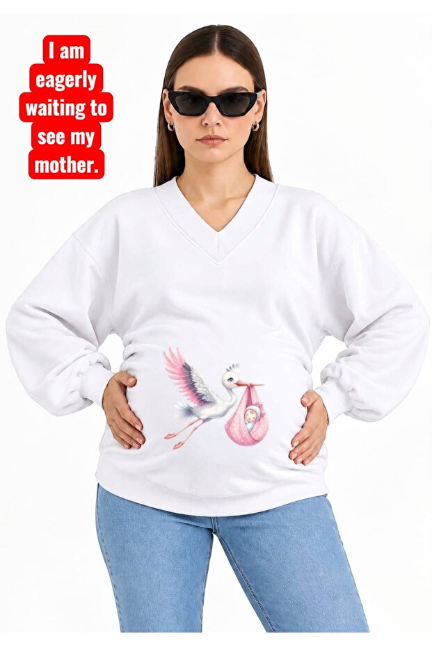 3 Yarn Combed Cotton Baby Printed Pregnant Women's V-Neck Sweatshirt Jr3