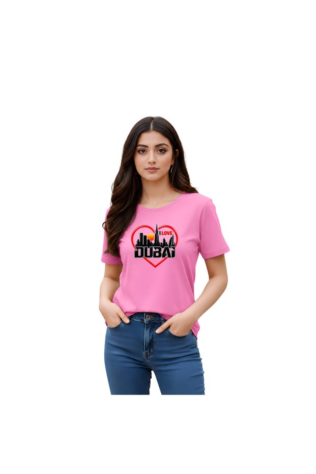 I Love Dubai Adult Womens T-Shirt - Round Neck with Short Sleeve - Women Cotton T-Shirt -Printed T-Shirt - Perfect for Dubai Souvenir