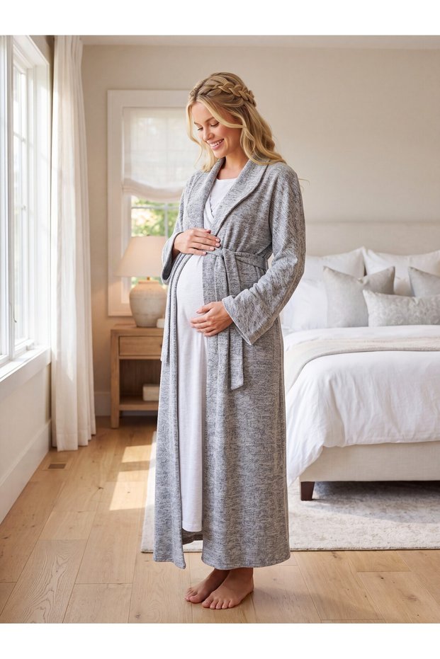 New Season Gray Jacquard Shawl Collar Full-Length Winter Long Sleeve Special Design Breastfeeding-Friendly Maternity Nightgown Set