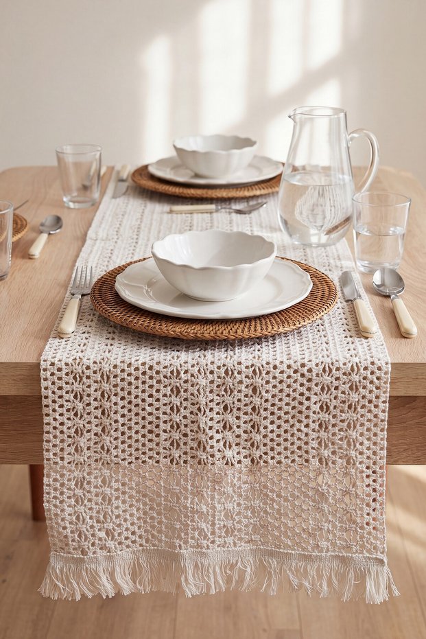 Cream Popillon Cotton Tasseled Runner 35X145 cm