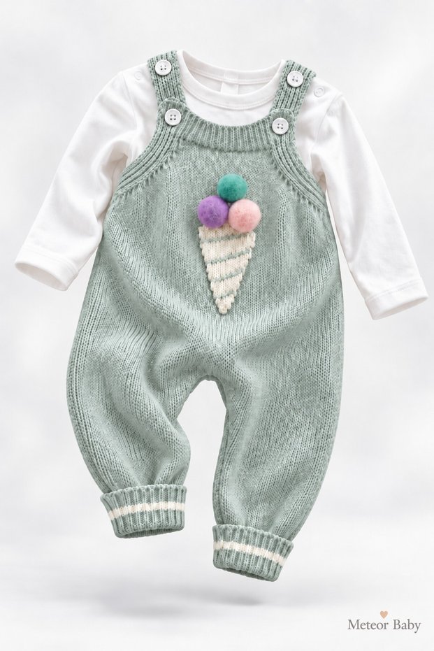 Baby Girl Knitted Ice Cream Detailed Salopet Jumpsuit Long Sleeve Set of 2 3 6 9 12 Months
