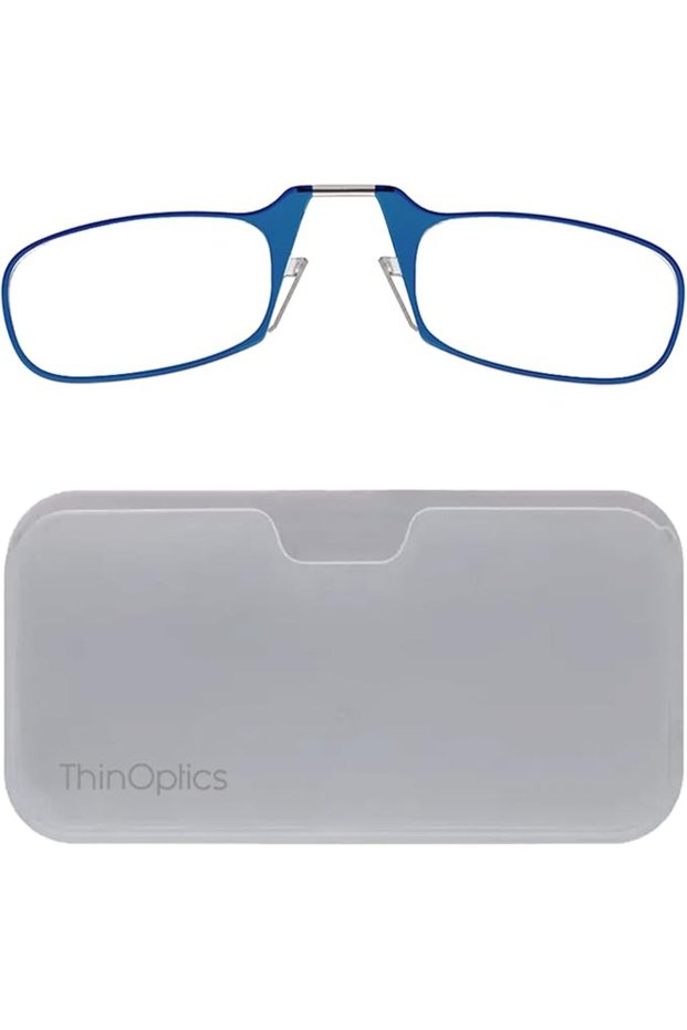 نظارات القراءة المستطيلة ThinOptics Universal Pod، إطارات زرقاء/حافظة سوداء، 1 ×