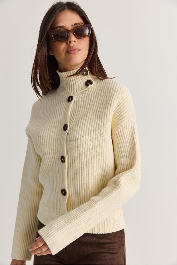 Women's Beige Turtleneck Button Detailed Knitted Sweater Cardigan Cln40 60286617