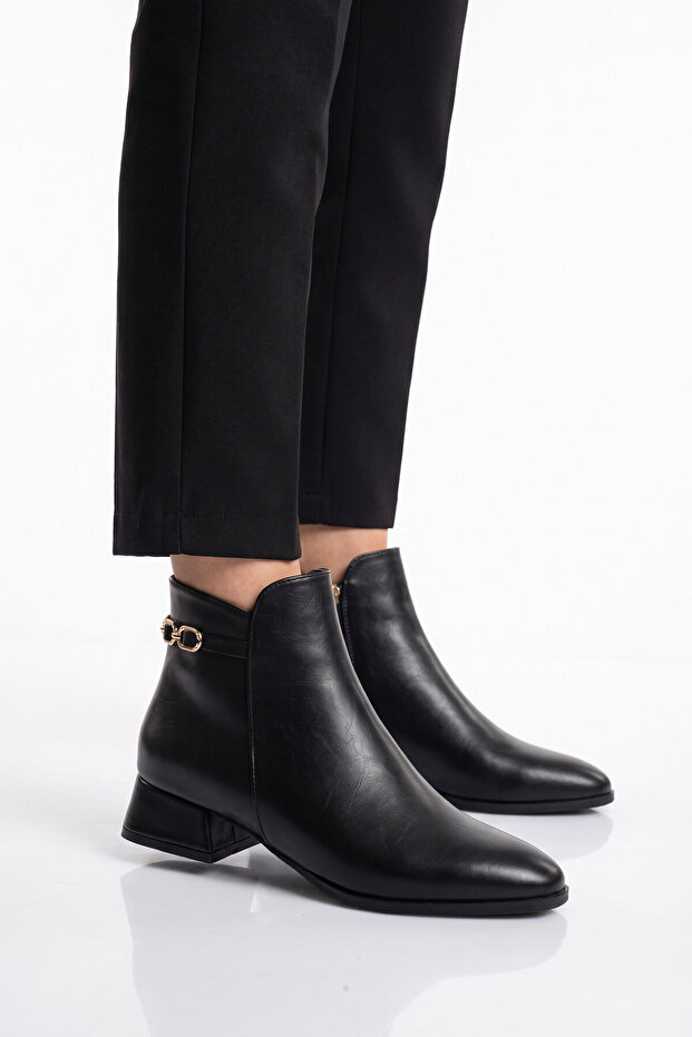 Black Leather Zippered Stone Detailed Women's Heeled Boots Stylish Comfortable Office Event Daily Boots 248286