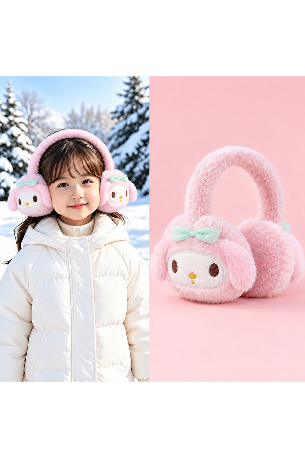 Cute Rabbit My Melody Patterned Pink Young Girls' Plush Earmuff Cat Furry Bowknot Winter Ear Warmer Hat Cold-Proof