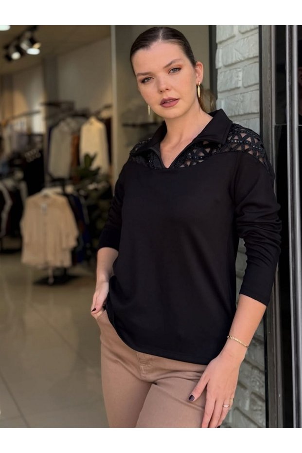 Laser Cut Shoulder Stone-Embellished Blouse