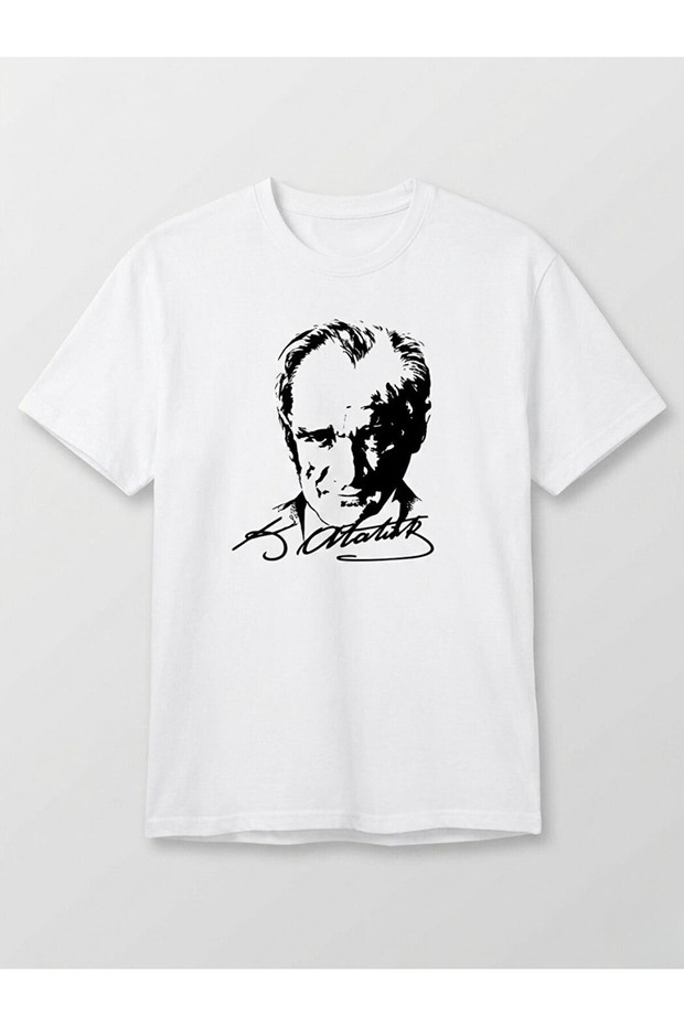 Unisex White Ataturk Print Cotton T-Shirt