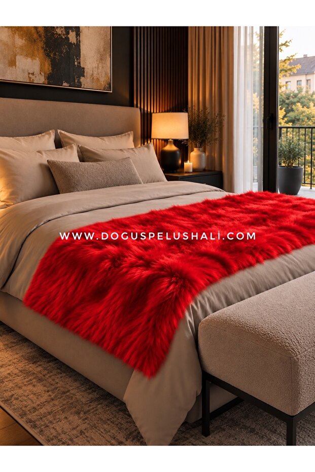 Soft Textured Red Plush Bed End Runner