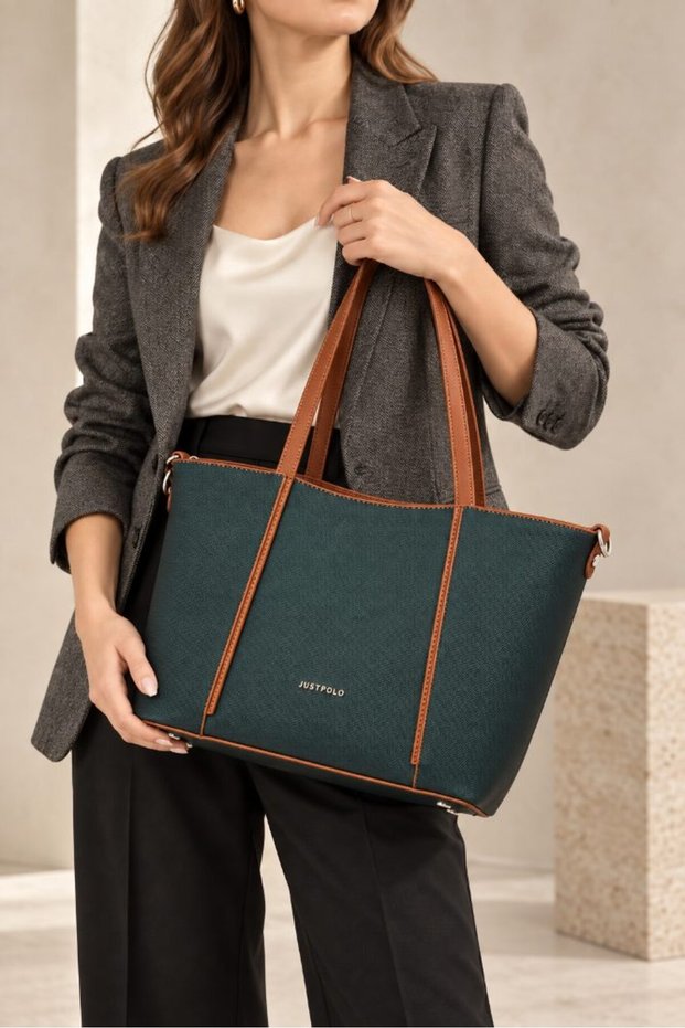 Women's Hand and Shoulder Bag with Double Straps, Cross Zipper, Large Tote, Petrol Color