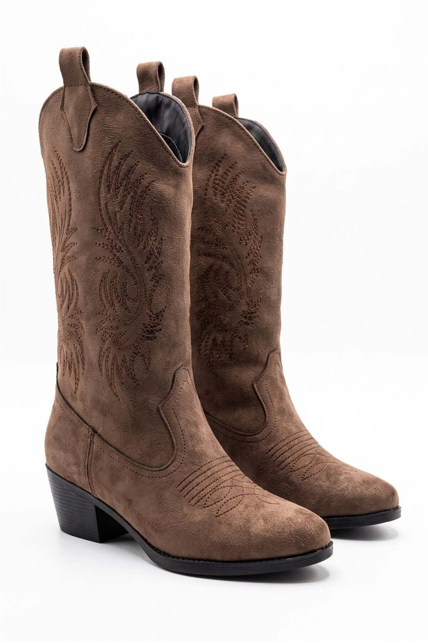 Women's Light Brown Western Printed Thick Heeled Cowboy Boots Sara