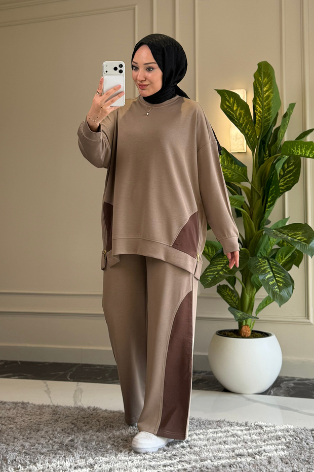 6686 - Stylish, Comfortable, Loose-Fitting Viscose Soft Modal Fabric Zipper Detailed Peach Fabric Garnished Women's Suit