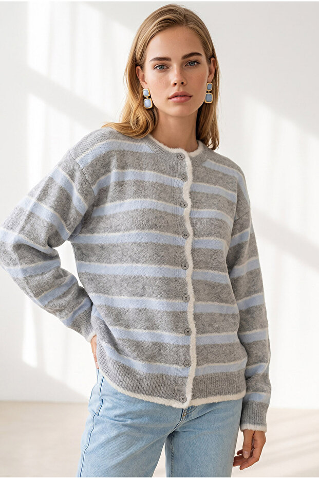 Women's Gray Blue Striped Soft Textured Cardigan Hrk-19000509