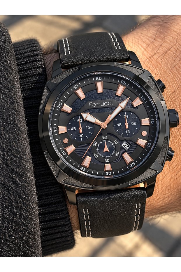 46 mm Case- Black Leather Strap, Functions Active, 3 Atm, Men Wrist Watch+Bracelet