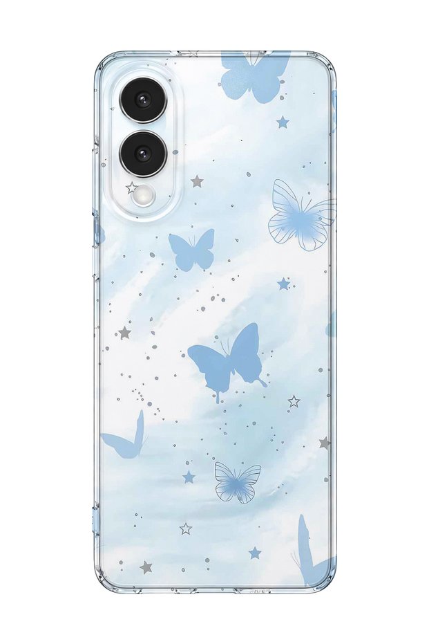 Samsung Galaxy S25 Edge Compatible Pastel Blue Butterfly Pattern Transparent Phone Case