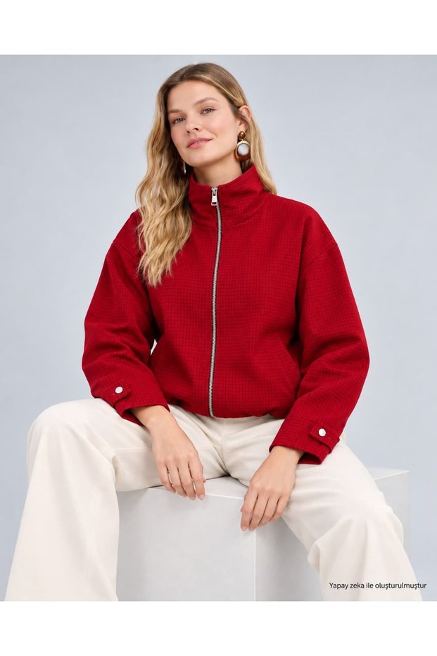 High Collar Zippered Plaid Bomber Jacket