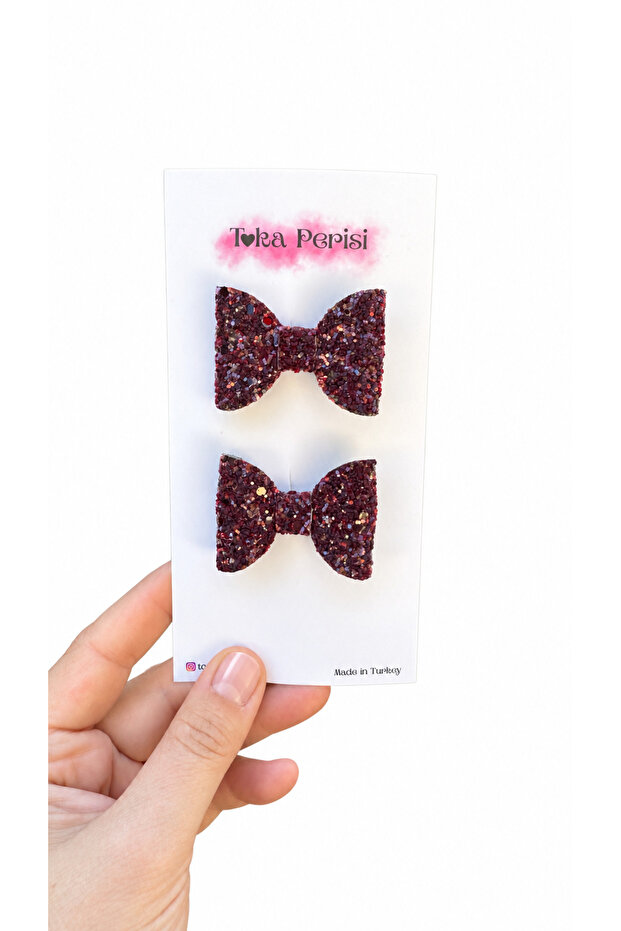 Burgundy Glitter Glittery 2-Piece Luna Bow Clip Buckle (with Metal Clip)