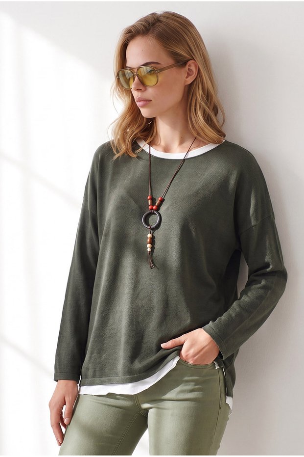 Women's Khaki Athlete Collar Soft Textured Boho Knitwear Blouse Blz-19003473