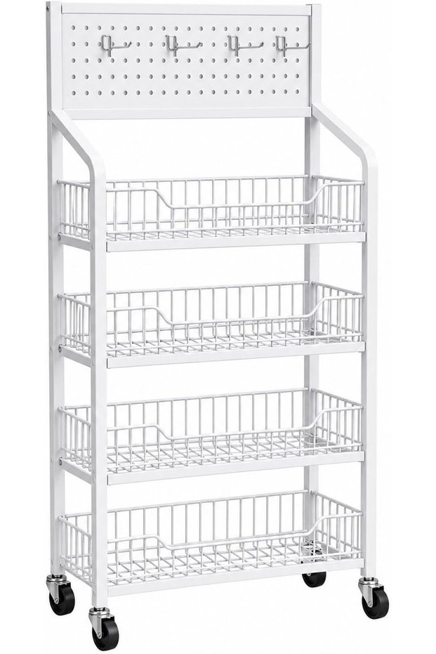4-Tier Rolling Storage Rack with Pegboard, 15 Hooks & Swivel Wheels