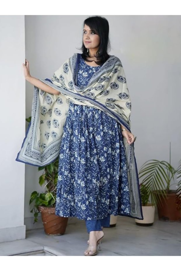 Blue Viscose Printed Anarkali Kurta Set - ALV2180 | Blue-Size:2XL-44-Inches