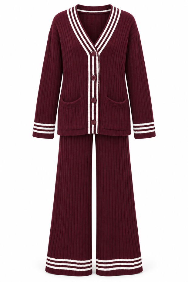 Women's Contrast Line Detailed Buttoned Cardigan and Spanish Leg Tricot Bottom-Top Set Aw26Au0010