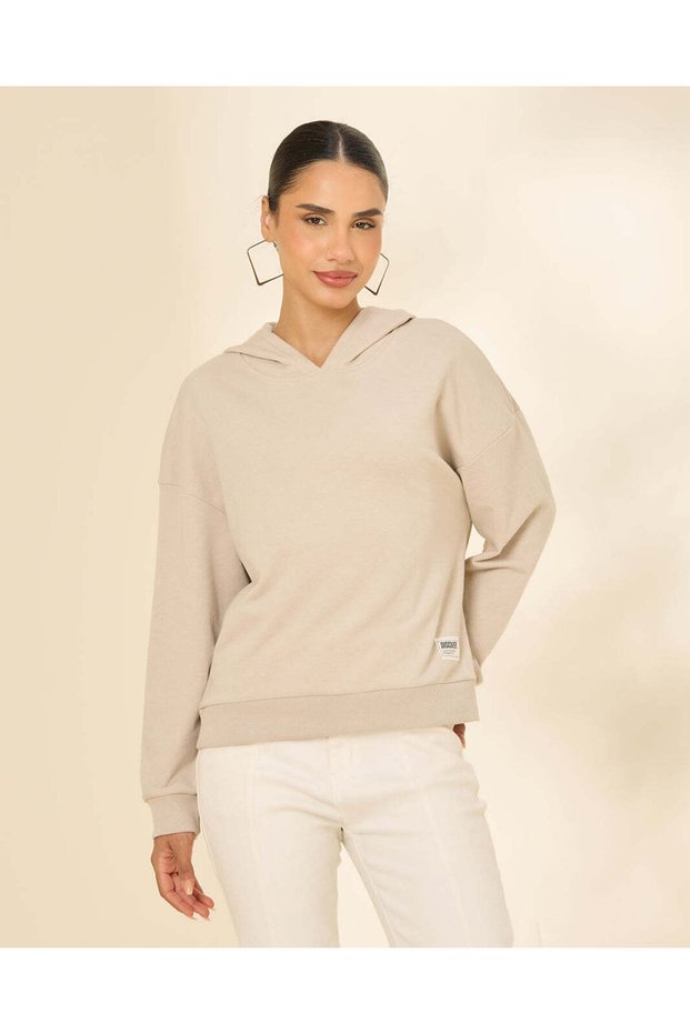Women Beige Hooded Sweatshirt