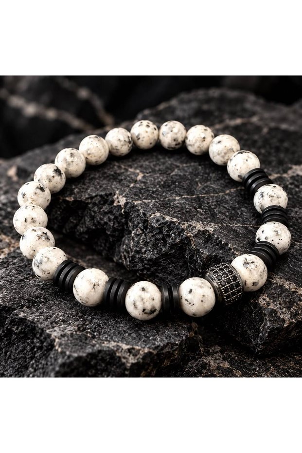 Men's Flexible Bracelet with Natural Howlite Stone, Hematite and Black Zircon Stone