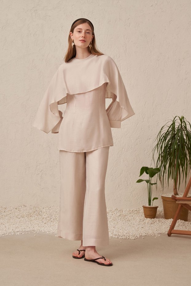 Cape Detailed Linen Blouse