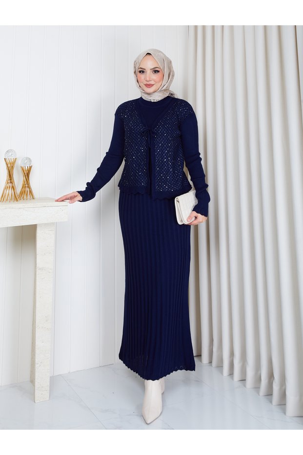 Women's Long Knitted Dress with Silver Detailing