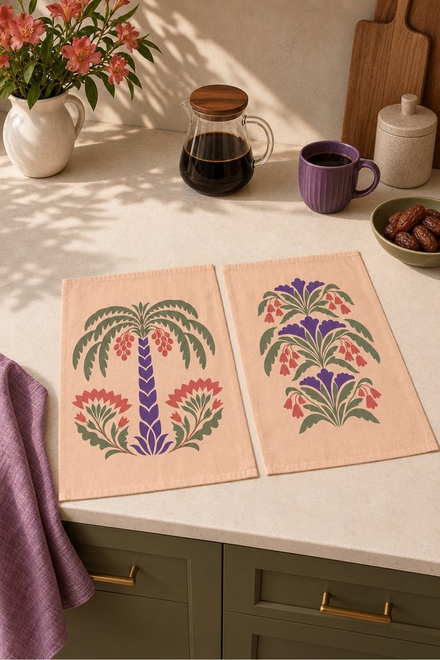 Purple Date Palm Peach Purple Palm and Flower Patterned 2-Piece Kitchen Towel Set 35X55