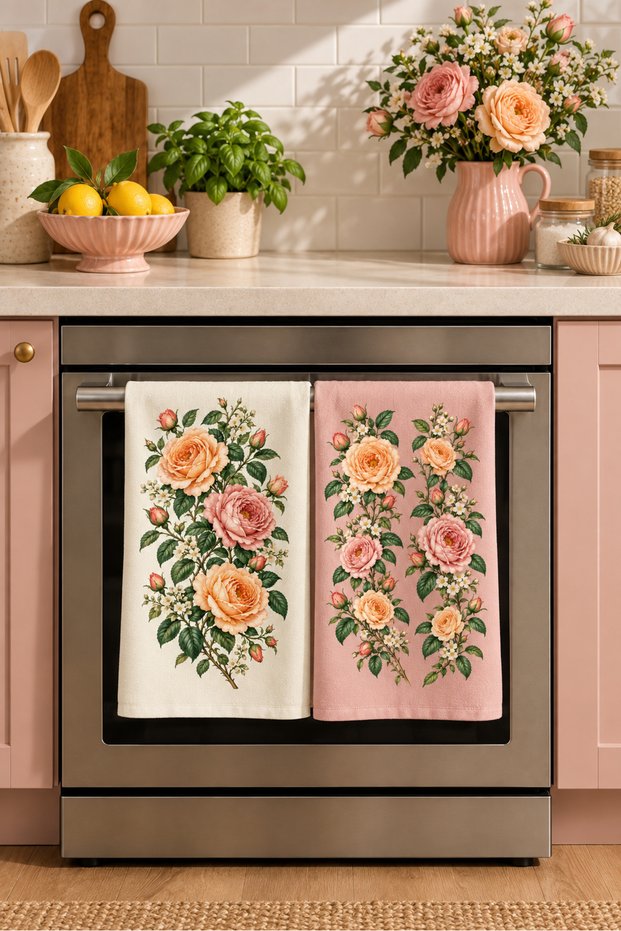 Rose Blush Rose Patterned 2-Piece Kitchen Towel Set 35X55