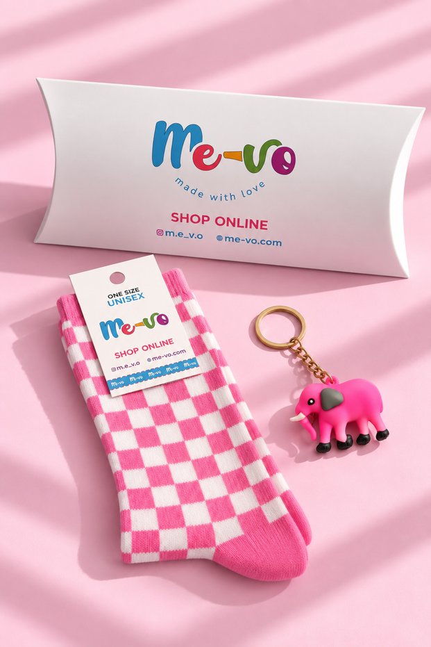Pink and White Checkered Unisex Socks and Elephant Keychain Gift Set in a Special Box