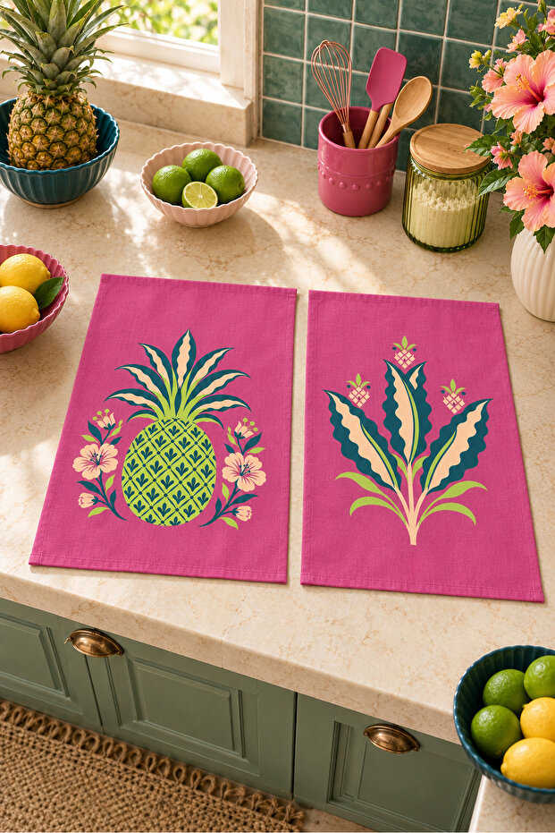 Ananas Pop Fuchsia Green Pineapple and Tropical Flower Patterned 2-Piece Kitchen Towel Set 35X55