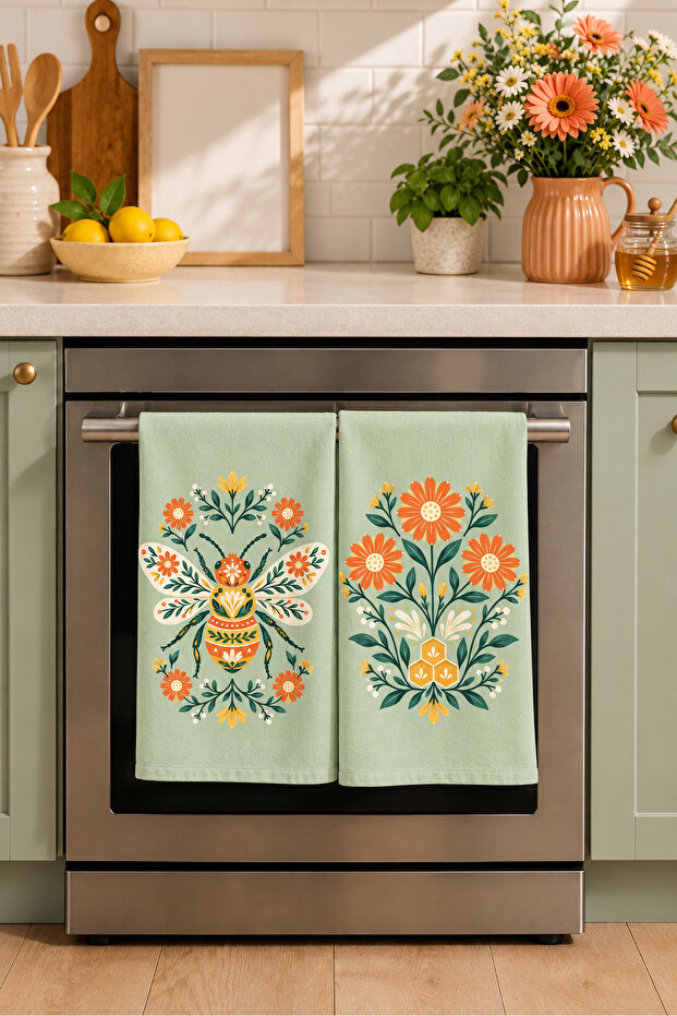 Honey Garden Green Bee and Daisy Patterned Botanical 2-Piece Kitchen Towel Set 35X55