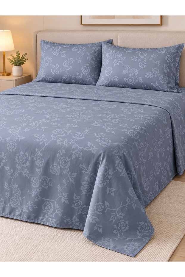 Bedsheet Set, Teal Blue Floral Pattern, 100% Cotton, 95 GSM