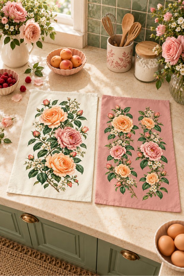 Rose Blush Rose Patterned 2-Piece Kitchen Towel Set 35X55