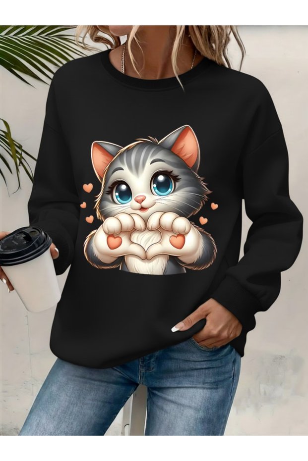 Unisex Women'S/Men's Heart-Making Cat Printed Premium Crew Neck Oversize Wide Fit Sweatshirt Hoodie