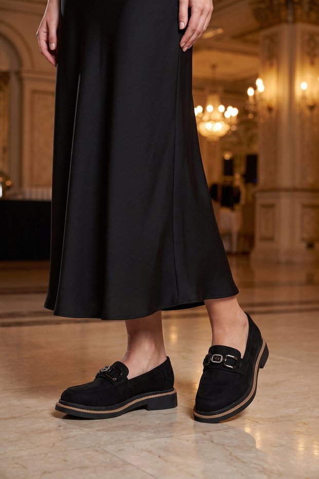 Black Suede Thick Comfortable Sole Stylish Stone Detailed Women's Office Event Casual Shoes Loafer 457320