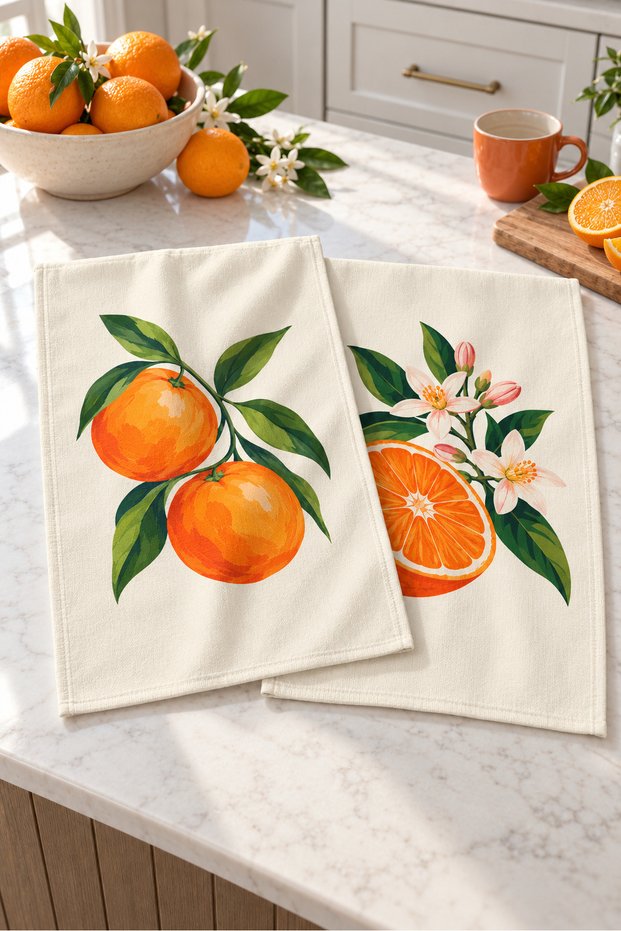 Orange Blossom Orange and Floral Patterned Mediterranean 2-Piece Kitchen Towel Set 35X55