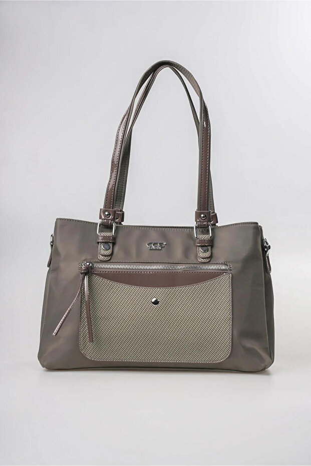Women's Shoulder Bag with Zippered Front Pocket, Textured and Patent Leather Detailed Daily Stylish Bag Gray 18316